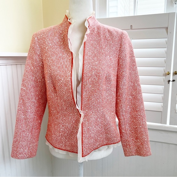 Doncaster Collection Coral & Cream Tweed Silk Trim Blazer Jacket Size 8 - Picture 1 of 6